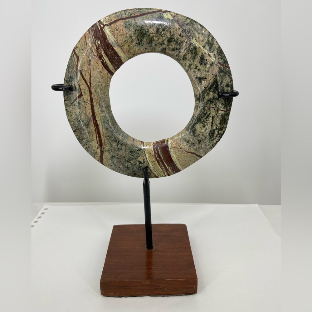 Gold Leaf Soapstone Round Sculpture wood base Table top 10.5” tall‎ x 7.5” wide
